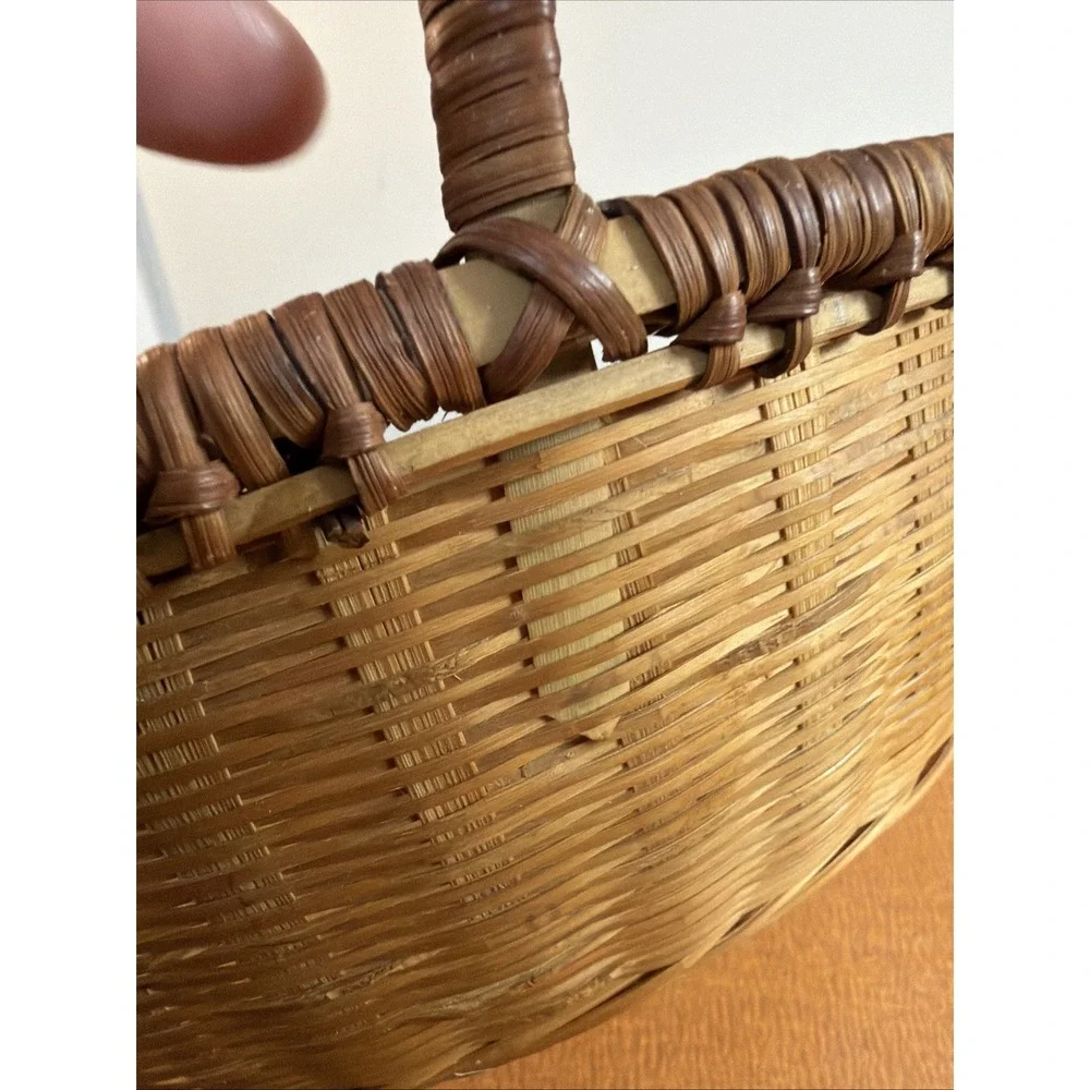 Vintage Round Natural Brown Wood Woven Wicker 2 Handles Basket 12